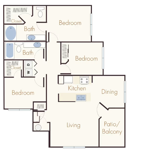 Floor plan for 3 beds, 2 baths, 802 sqft